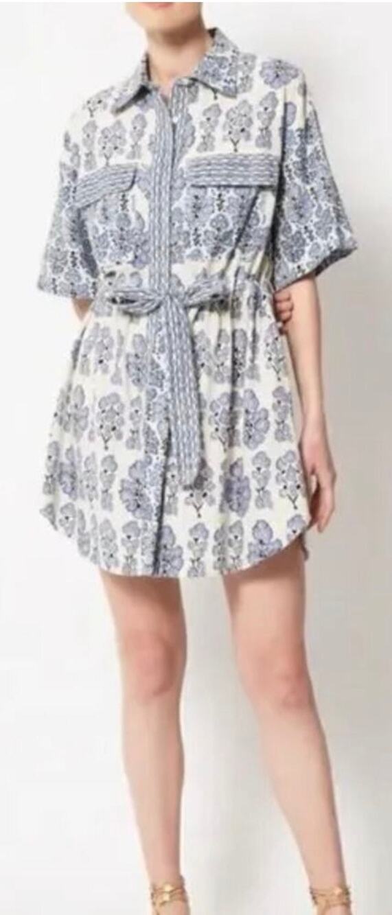 Omika Carla Blue & White Floral Block Print Linen Blend Shirt Dress-Size Small
